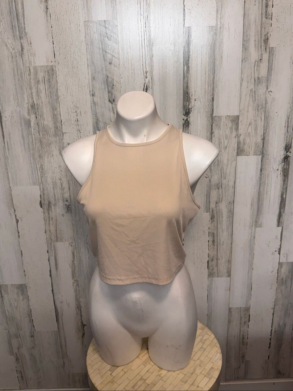 SHEIN Tan Ribbed High Neck Crop Tank Top Sleeveless Basic Neutral Womens XL 12